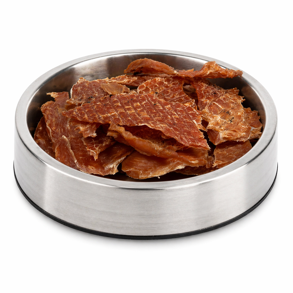 Sliced chicken breast treats close-up, human grade single ingredient dog treat