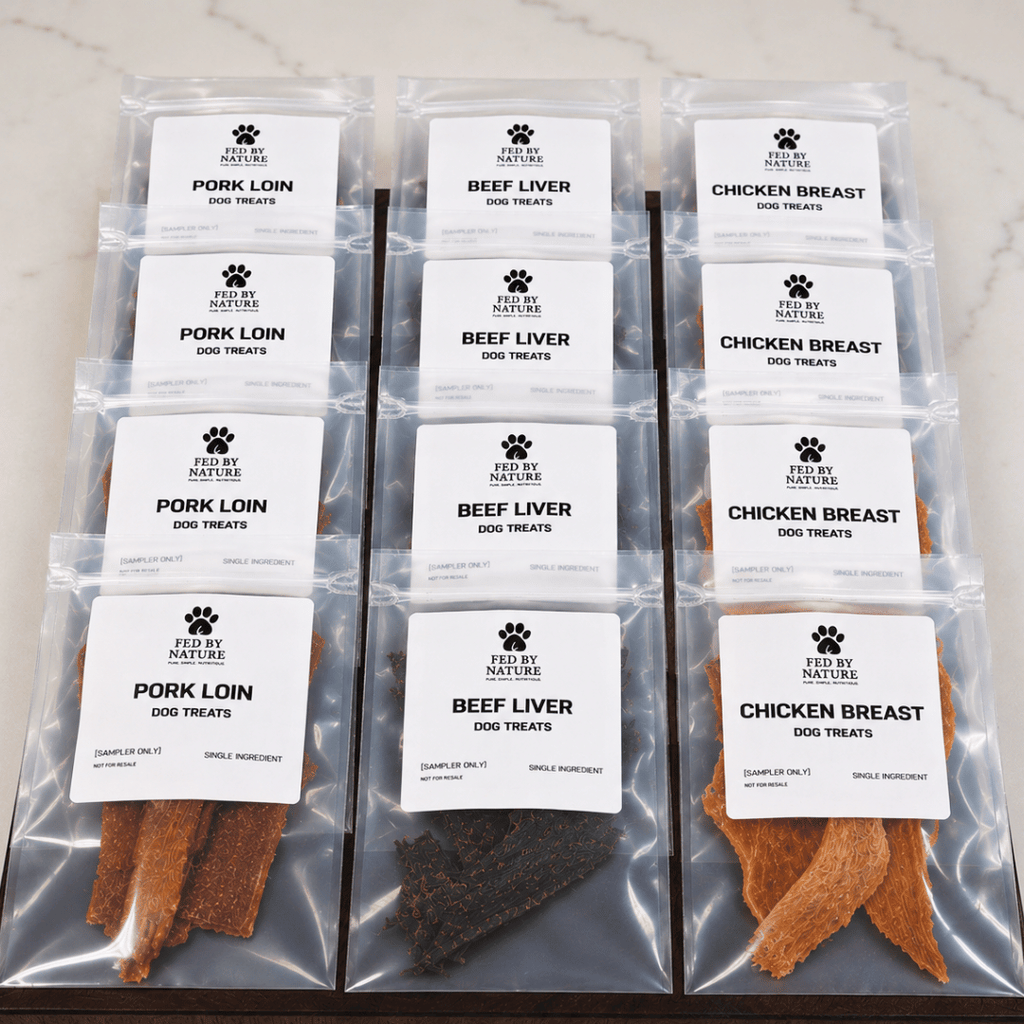 Fed By Nature sample pack, 12 single-ingredient dog treat packs in beef liver, chicken breast and pork loin