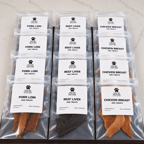 Fed By Nature sample pack, 12 single-ingredient dog treat packs in beef liver, chicken breast and pork loin